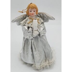 Vintage‎ Silver Porcelain Head Angel Ornament With Silver Dress 90's Y2K